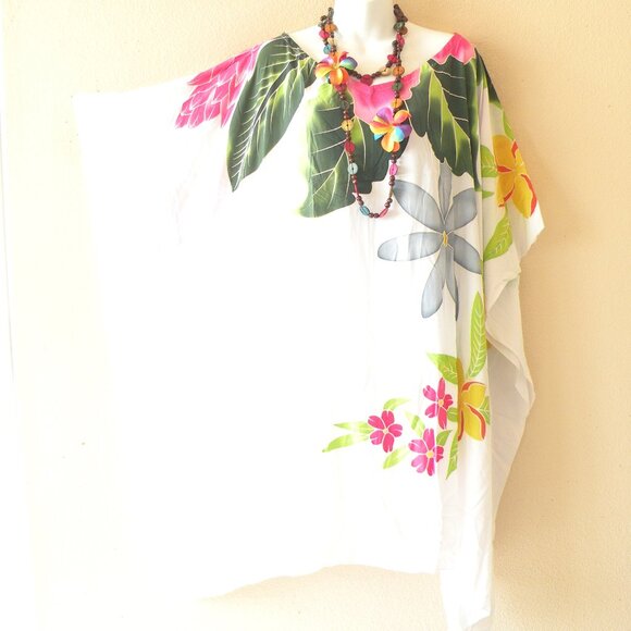 LT125 Floral Plus Batik Women Handpainted 38" Kaftan Midi Dress Long Top - Picture 1 of 2